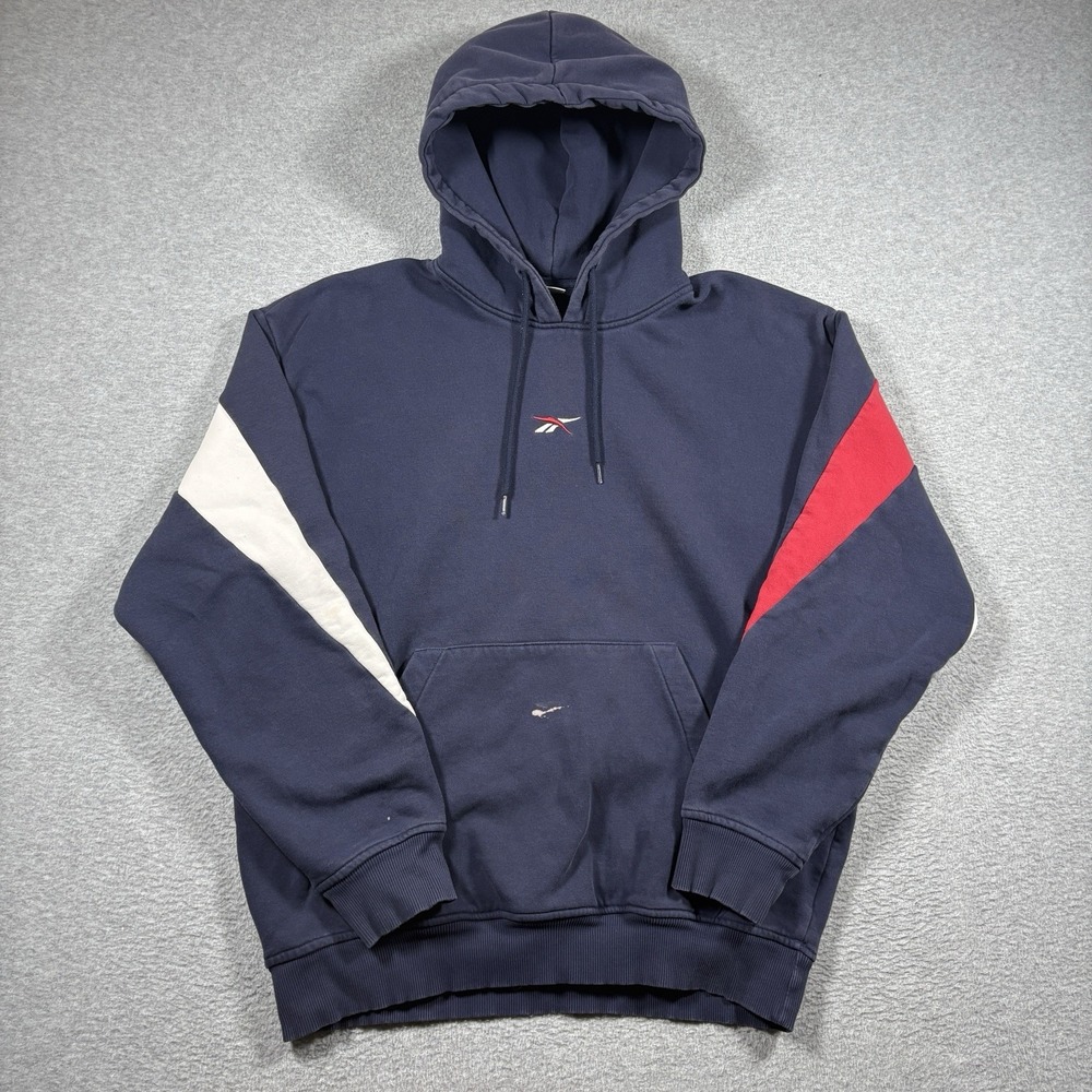 Reebok Vector Hoodie Mens Large Navy Blue Colorblock Pullover Sweatshirt Y2K